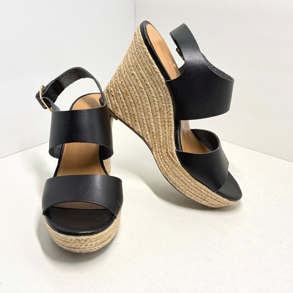 J. Crew Factory Black Espadrille Wedges Ankle Strap Platform Sandals 7M
